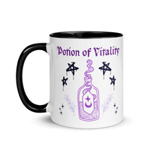 Load image into Gallery viewer, 11 oz. white ceramic coffee/tea mug with solid black handle, rim, and inside. Image Design:  purple minimalist potion bottle with a label, moon and star on label, surrounded by graffiti pentacle stars. Image phrase: Potion of Vitality Left hand side view. Halloween, spooky season.
