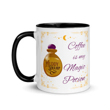 Load image into Gallery viewer, 11 oz. white ceramic coffee/tea mug with solid black handle, rim, and inside. Image Design: golden potion bottle that says muddy swamp, golden border with gold stars, and moon crescent. Image phrase: Coffee is my Magic Potion. Left hand side view. Halloween, spooky season.
