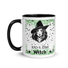 Load image into Gallery viewer, 11 oz. white ceramic coffee/tea mug with solid black handle, rim, and inside. Image Design: Beautiful witch svg, with stars bordering her face and hat, wispy green smoke in background.  Image phrase: 100% That Witch. Left hand side view. Halloween, spooky season.
