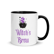 Load image into Gallery viewer, 11 oz. white ceramic coffee/tea mug with solid black handle, rim, and inside. Image Design: above image phrase, black cauldron with purple smoke, crescent moon on cauldron. Image phrase: Witch&#39;s brew. Right hand side view. Halloween, spooky season.
