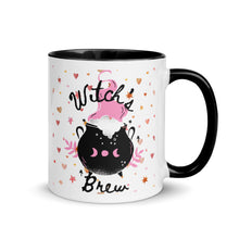 Load image into Gallery viewer, 11 oz. white ceramic coffee/tea mug with solid black handle, rim, and inside. Image Design: cute whimsical cauldron with moon phase on cauldron, in the background are hearts, stars. Image phrase: Witch&#39;s brew. Right hand side view. Halloween, spooky season.
