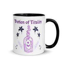 Load image into Gallery viewer, 11 oz. white ceramic coffee/tea mug with solid black handle, rim, and inside. Image Design:  purple minimalist potion bottle with a label, moon and star on label, surrounded by graffiti pentacle stars. Image phrase: Potion of Vitality. Right hand side view. Halloween, spooky season.
