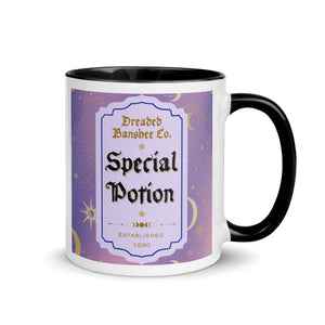 11 oz. white ceramic coffee/tea mug with solid black handle, rim, and inside. Image Design: potion label that says 'Special Potion' with brand name above 'Dreaded Banshee Co., established 1690.' Purple-bluish background color with motif of suns, crescent moons, stars, constellations. Image phrase: Special Potion. Right hand side view. Halloween, spooky season.