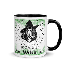 Load image into Gallery viewer, 11 oz. white ceramic coffee/tea mug with solid black handle, rim, and inside. Image Design: Beautiful witch svg, with stars bordering her face and hat, wispy green smoke in background. Image phrase: 100% That Witch. Right hand side view. Halloween, spooky season.
