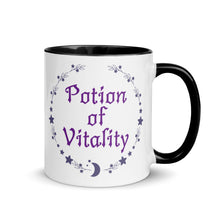 Load image into Gallery viewer, 11 oz. white ceramic coffee/tea mug with solid black handle, rim, and inside. Image Design: Purple words &#39;Potion of Vitality&#39; bordered by stars, leaves, and crescent moon at the bottom. Image phrase: Potion of Vitality. Right hand side view. Halloween, spooky season.
