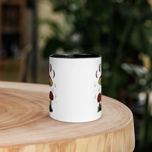 11 oz. white ceramic coffee/tea mug with solid black handle, rim, and inside. Image Design: Mushroom cluster, moon phases, and constellations. outside middle  view.