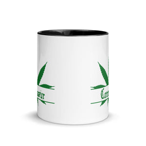 Ceramic coffee/tea mug with solid black handle, rim, and inside. Image Design: Marijuana leaf with "Connoisseur" text. Outside middle view.