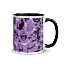 Load image into Gallery viewer, 11 oz. white ceramic coffee/tea mug with solid black handle, rim, and inside. Image Design: Halloween theme pattern of witch on broom, pumpkins, spiders, cats, potion bottles, snails, bats, mushrooms, with a cosmic tone. Purple background color. Right hand side view. Halloween, spooky season.
