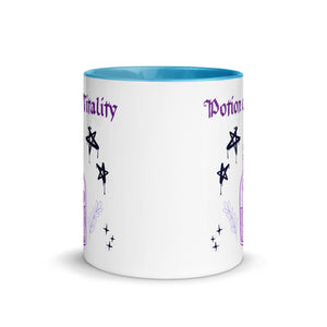 11 oz. white ceramic coffee/tea mug with solid light blue handle, rim, and inside. Image Design:  purple minimalist potion bottle with a label, moon and star on label, surrounded by graffiti pentacle stars. Image phrase: Potion of Vitality. Center front view. Halloween, spooky season.