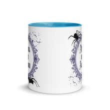 Load image into Gallery viewer, 11 oz. white ceramic coffee/tea mug with solid light blue handle, rim, and inside. Image Design: Words &#39;Normal is an Illusion&#39; in a elegant border, with spider silhouettes, and stars. Image phrase: Normal is an Illusion. Center front view. Halloween, spooky season.
