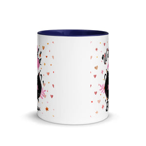 11 oz. white ceramic coffee/tea mug with solid navy blue handle, rim, and inside. Image Design: cute whimsical cauldron with moon phase on cauldron, in the background are hearts, stars. Image phrase: Witch's brew. Center front view. Halloween, spooky season.