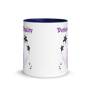 11 oz. white ceramic coffee/tea mug with solid navy blue handle, rim, and inside. Image Design:  purple minimalist potion bottle with a label, moon and star on label, surrounded by graffiti pentacle stars. Image phrase: Potion of Vitality. Center front view. Halloween, spooky season.