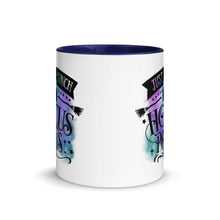 Load image into Gallery viewer, 11 oz. white ceramic coffee/tea mug with solid navy blue handle, rim, and inside. Image Design: phrase &quot;just a bunch of Hocus Pocus, with mini image of pumpkin and broom,  whimsical font. backed by blue and purple cosmic cloud. Image phrase: Just a bunch of Hocus Pocus. Center front view. Halloween, spooky season.
