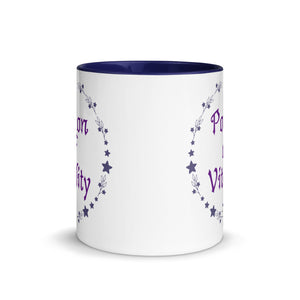 11 oz. white ceramic coffee/tea mug with solid navy blue handle, rim, and inside. Image Design: Purple words 'Potion of Vitality' bordered by stars, leaves, and crescent moon at the bottom. Image phrase: Potion of Vitality. Center front view. Halloween, spooky season.