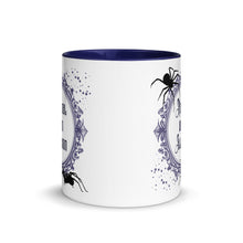 Load image into Gallery viewer, 11 oz. white ceramic coffee/tea mug with solid navy blue handle, rim, and inside. Image Design: Words &#39;Normal is an Illusion&#39; in a elegant border, with spider silhouettes, and stars. Image phrase: Normal is an Illusion. Center front view. Halloween, spooky season.
