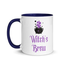 Load image into Gallery viewer, 11 oz. white ceramic coffee/tea mug with solid navy blue handle, rim, and inside. Image Design: above image phrase, black cauldron with purple smoke, crescent moon on cauldron. Image phrase: Witch&#39;s brew. Left hand side view. Halloween, spooky season.
