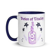 Load image into Gallery viewer, 11 oz. white ceramic coffee/tea mug with solid navy blue handle, rim, and inside. Image Design:  purple minimalist potion bottle with a label, moon and star on label, surrounded by graffiti pentacle stars. Image phrase: Potion of Vitality Left hand side view. Halloween, spooky season.
