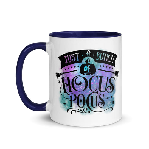 11 oz. white ceramic coffee/tea mug with solid navy blue handle, rim, and inside. Image Design: phrase 