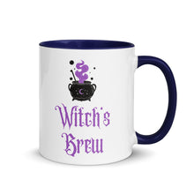 Load image into Gallery viewer, 11 oz. white ceramic coffee/tea mug with solid navy blue handle, rim, and inside. Image Design: above image phrase, black cauldron with purple smoke, crescent moon on cauldron. Image phrase: Witch&#39;s brew. Right hand side view. Halloween, spooky season.
