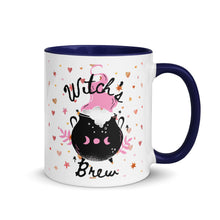 Load image into Gallery viewer, 11 oz. white ceramic coffee/tea mug with solid navy blue handle, rim, and inside. Image Design: cute whimsical cauldron with moon phase on cauldron, in the background are hearts, stars. Image phrase: Witch&#39;s brew. Right hand side view. Halloween, spooky season.
