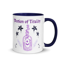 Load image into Gallery viewer, 11 oz. white ceramic coffee/tea mug with solid navy blue handle, rim, and inside. Image Design:  purple minimalist potion bottle with a label, moon and star on label, surrounded by graffiti pentacle stars. Image phrase: Potion of Vitality. Right hand side view. Halloween, spooky season.
