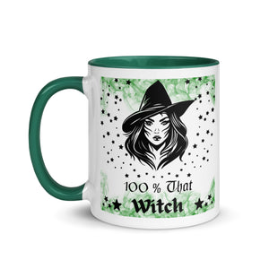 11 oz. white ceramic coffee/tea mug with solid dark green handle, rim, and inside. Image Design: Beautiful witch svg, with stars bordering her face and hat, wispy green smoke in background. Image phrase: 100% That Witch. Left hand side view. Halloween, spooky season.