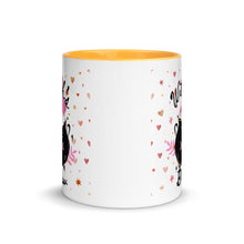 Load image into Gallery viewer, 11 oz. white ceramic coffee/tea mug with solid golden yellow handle, rim, and inside. Image Design: cute whimsical cauldron with moon phase on cauldron, in the background are hearts, stars. Image phrase: Witch&#39;s brew. Center front view. Halloween, spooky season.
