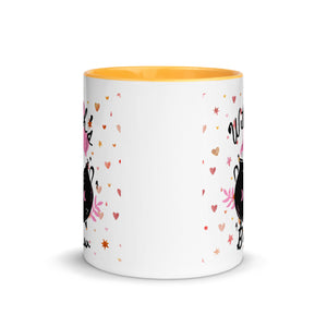 11 oz. white ceramic coffee/tea mug with solid golden yellow handle, rim, and inside. Image Design: cute whimsical cauldron with moon phase on cauldron, in the background are hearts, stars. Image phrase: Witch's brew. Center front view. Halloween, spooky season.