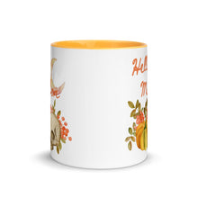 Load image into Gallery viewer, 11 oz. white ceramic coffee/tea mug with solid golden yellow handle, rim, and inside. Image Design:  watercolor pumpkin, and skull, leaves and berries behind. Crescent moon in background. Image phrase: Hello Mabon. Center front view. Halloween, spooky season.
