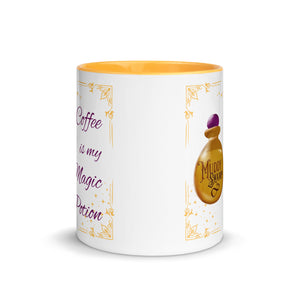 11 oz. white ceramic coffee/tea mug with solid golden yellow handle, rim, and inside. Image Design: golden potion bottle that says muddy swamp, golden border with gold stars, and moon crescent. Image phrase: Coffee is my Magic Potion. Center front view. Halloween, spooky season.