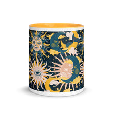 Load image into Gallery viewer, enchanting ceramic coffee tea mug featuring a wraparound image of an abstract sun, moon, and star pattern. yellow colorful rim, handle, and inside mug. Colors in pattern: golden yellow, dark teal, peach coral. center view, outside.
