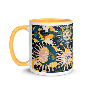 enchanting ceramic coffee tea mug featuring a wraparound image of an abstract sun, moon, and star pattern. yellow colorful rim, handle, and inside mug. Colors in pattern: golden yellow, dark teal, peach coral. Side view, handle to left side.