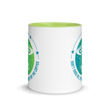 Load image into Gallery viewer, 11 oz. white ceramic coffee/tea mug with solid light green handle, rim, and inside. Image Design: ufo ship abducting/beaming up coffee beans. background blue to light green gradient, stars. Text under image: &quot;Don&#39;t mind me, I&#39;m only here for the Coffee.&quot; Front middle/center view.
