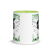 Load image into Gallery viewer, 11 oz. white ceramic coffee/tea mug with solid light green handle, rim, and inside. Image Design: Beautiful witch svg, with stars bordering her face and hat, wispy green smoke in background. Image phrase: 100% That Witch. Center front view. Halloween, spooky season.
