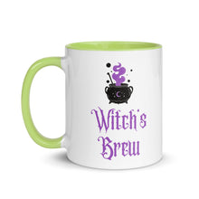 Load image into Gallery viewer, 11 oz. white ceramic coffee/tea mug with solid light green handle, rim, and inside. Image Design: above image phrase, black cauldron with purple smoke, crescent moon on cauldron. Image phrase: Witch&#39;s brew. Left hand side view. Halloween, spooky season.
