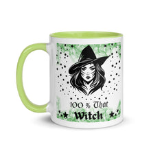 Load image into Gallery viewer, 11 oz. white ceramic coffee/tea mug with solid light green handle, rim, and inside. Image Design: Beautiful witch svg, with stars bordering her face and hat, wispy green smoke in background. Image phrase: 100% That Witch. Left hand side view. Halloween, spooky season.
