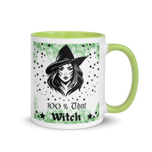 Load image into Gallery viewer, 11 oz. white ceramic coffee/tea mug with solid light green handle, rim, and inside. Image Design: Beautiful witch svg, with stars bordering her face and hat, wispy green smoke in background. Image phrase: 100% That Witch. Right hand side view. Halloween, spooky season.
