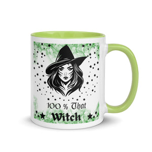 11 oz. white ceramic coffee/tea mug with solid light green handle, rim, and inside. Image Design: Beautiful witch svg, with stars bordering her face and hat, wispy green smoke in background. Image phrase: 100% That Witch. Right hand side view. Halloween, spooky season.