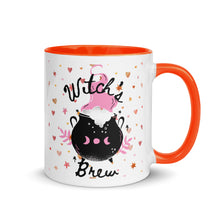 Load image into Gallery viewer, 11 oz. white ceramic coffee/tea mug with solid dark orange handle, rim, and inside. Image Design: cute whimsical cauldron with moon phase on cauldron, in the background are hearts, stars. Image phrase: Witch&#39;s brew. Right hand side view. Halloween, spooky season.
