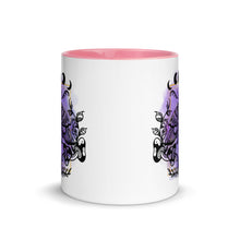 Load image into Gallery viewer, 11 oz. white ceramic coffee/tea mug with solid light pink handle, rim, and inside. Design: Moth with a skull, moon phases, pentacle, mushrooms, and a crystal vial. outside middle  view.
