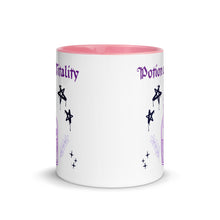 Load image into Gallery viewer, 11 oz. white ceramic coffee/tea mug with solid light pink handle, rim, and inside. Image Design:  purple minimalist potion bottle with a label, moon and star on label, surrounded by graffiti pentacle stars. Image phrase: Potion of Vitality. Center front view. Halloween, spooky season.
