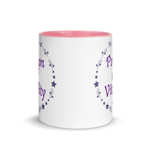 Load image into Gallery viewer, 11 oz. white ceramic coffee/tea mug with solid light pink handle, rim, and inside. Image Design: Purple words &#39;Potion of Vitality&#39; bordered by stars, leaves, and crescent moon at the bottom. Image phrase: Potion of Vitality. Center front view. Halloween, spooky season.
