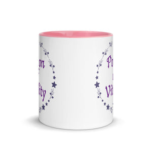 11 oz. white ceramic coffee/tea mug with solid light pink handle, rim, and inside. Image Design: Purple words 'Potion of Vitality' bordered by stars, leaves, and crescent moon at the bottom. Image phrase: Potion of Vitality. Center front view. Halloween, spooky season.