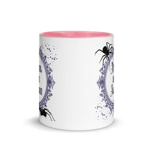 Load image into Gallery viewer, 11 oz. white ceramic coffee/tea mug with solid light pink handle, rim, and inside. Image Design: Words &#39;Normal is an Illusion&#39; in a elegant border, with spider silhouettes, and stars. Image phrase: Normal is an Illusion. Center front view. Halloween, spooky season.
