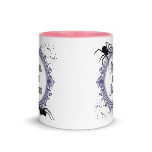 11 oz. white ceramic coffee/tea mug with solid light pink handle, rim, and inside. Image Design: Words 'Normal is an Illusion' in a elegant border, with spider silhouettes, and stars. Image phrase: Normal is an Illusion. Center front view. Halloween, spooky season.