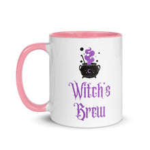 Load image into Gallery viewer, 11 oz. white ceramic coffee/tea mug with solid light pink handle, rim, and inside. Image Design: above image phrase, black cauldron with purple smoke, crescent moon on cauldron. Image phrase: Witch&#39;s brew. Left hand side view. Halloween, spooky season.
