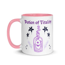 Load image into Gallery viewer, 11 oz. white ceramic coffee/tea mug with solid light pink handle, rim, and inside. Image Design:  purple minimalist potion bottle with a label, moon and star on label, surrounded by graffiti pentacle stars. Image phrase: Potion of Vitality Left hand side view. Halloween, spooky season.
