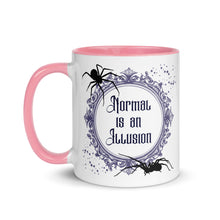 Load image into Gallery viewer, 11 oz. white ceramic coffee/tea mug with solid light pink handle, rim, and inside. Image Design: Words &#39;Normal is an Illusion&#39; in a elegant border, with spider silhouettes, and stars. Image phrase: Normal is an Illusion. Left hand side view. Halloween, spooky season.
