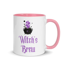 Load image into Gallery viewer, 11 oz. white ceramic coffee/tea mug with solid light pink handle, rim, and inside. Image Design: above image phrase, black cauldron with purple smoke, crescent moon on cauldron. Image phrase: Witch&#39;s brew. Right hand side view. Halloween, spooky season.
