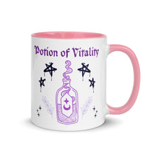 Load image into Gallery viewer, 11 oz. white ceramic coffee/tea mug with solid light pink handle, rim, and inside. Image Design:  purple minimalist potion bottle with a label, moon and star on label, surrounded by graffiti pentacle stars. Image phrase: Potion of Vitality. Right hand side view. Halloween, spooky season.
